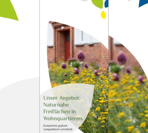Cover: Folder „Unser Angebot: Naturnahe Freiflächen in Wohnquartieren“
